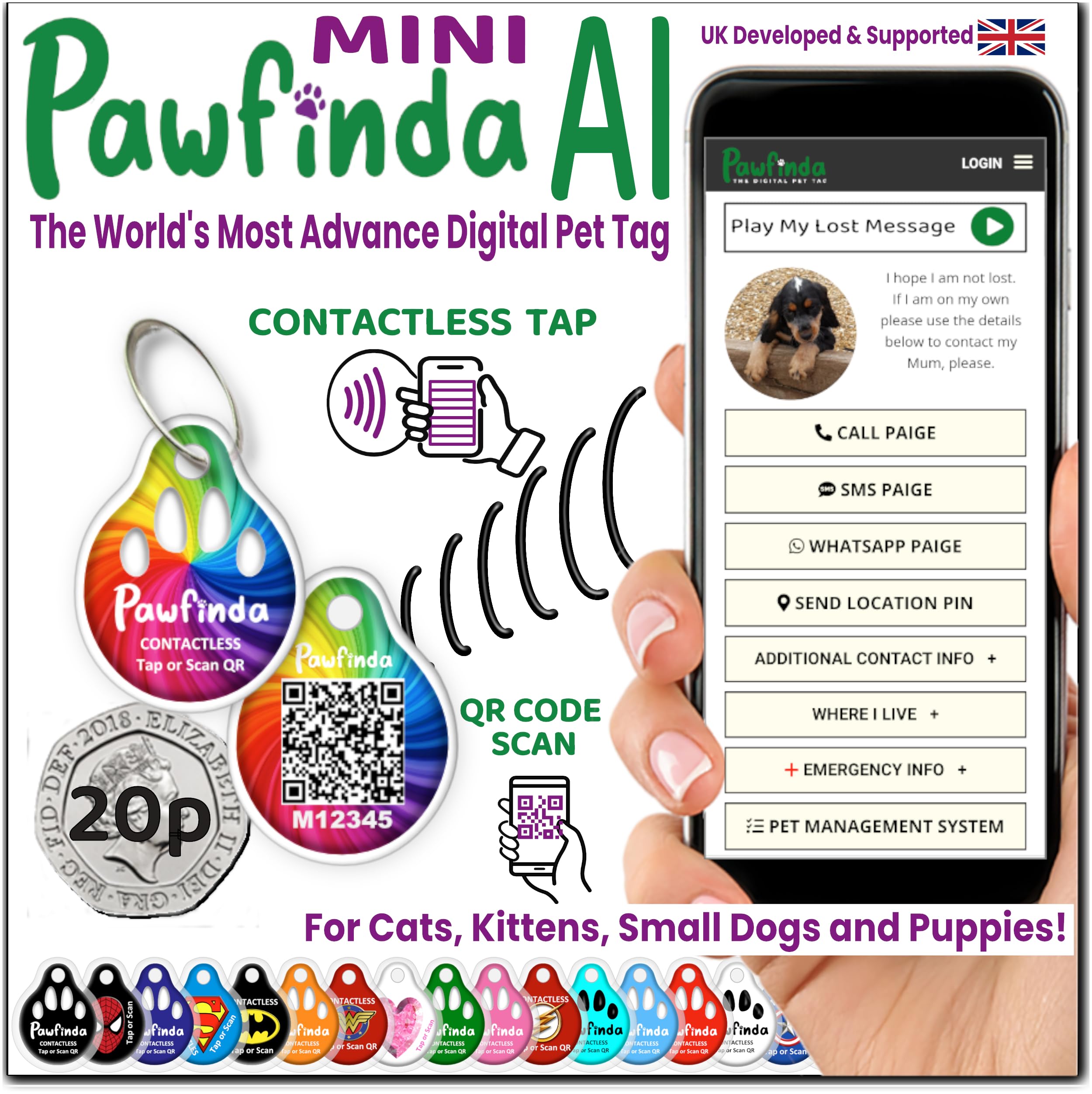 PAWFINDA AI – Next Generation AI Digital Pet Tag. Personalised Cat Dog Pet Engraved ID Tag with CONTACTLESS NFC, QR Code Technology and PawVoice AI. Developed & Fully Supported in the UK