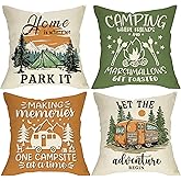 Fjfz Camper Decorative Throw Pillow Covers 18 x 18 Set of 4, Camping Mountain Tree Travel Outdoor Adventure Porch Home Decor, Rustic Campsite Campfire Marshmallow Sofa Couch Cushion Case