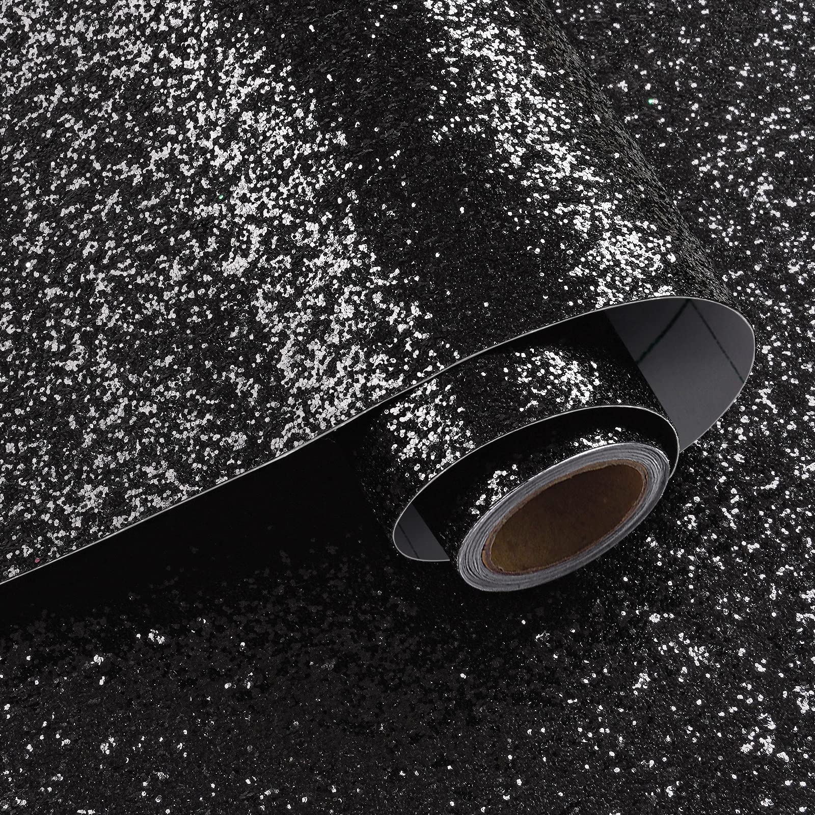 VaryPaper Peel and Stick Black Chunky Glitter Wallpaper 40cmx200cm Sequin Sparkle Contact Paper Black Sticky Back Plastic Furniture Wrap Thick Fabric Wallpaper for Living Room Bedroom Craft Projects — image 1