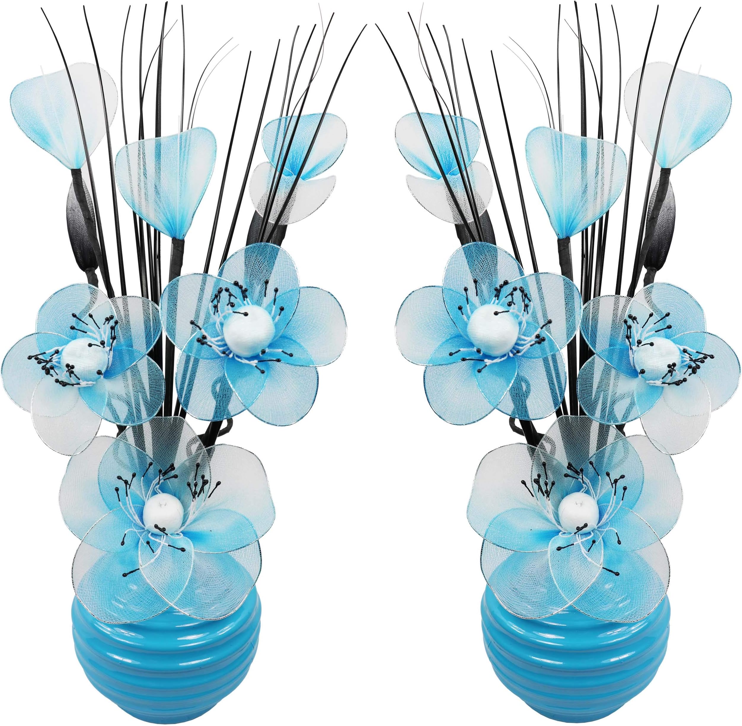 Flourish Creative Florals Matching Pair of Teal Artificial Flowers in Blue Vase, Table Decorations, Home Accessories, Gifts, Ornaments, Height 32cm, Artic