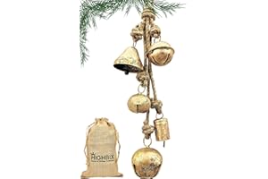 HIGHBIX Set of 5 Rustic Harmony Metal Jingle Bells Cluster Vintage Handmade Lucky Christmas Hanging Mix Décor Bells On Rope (Small)