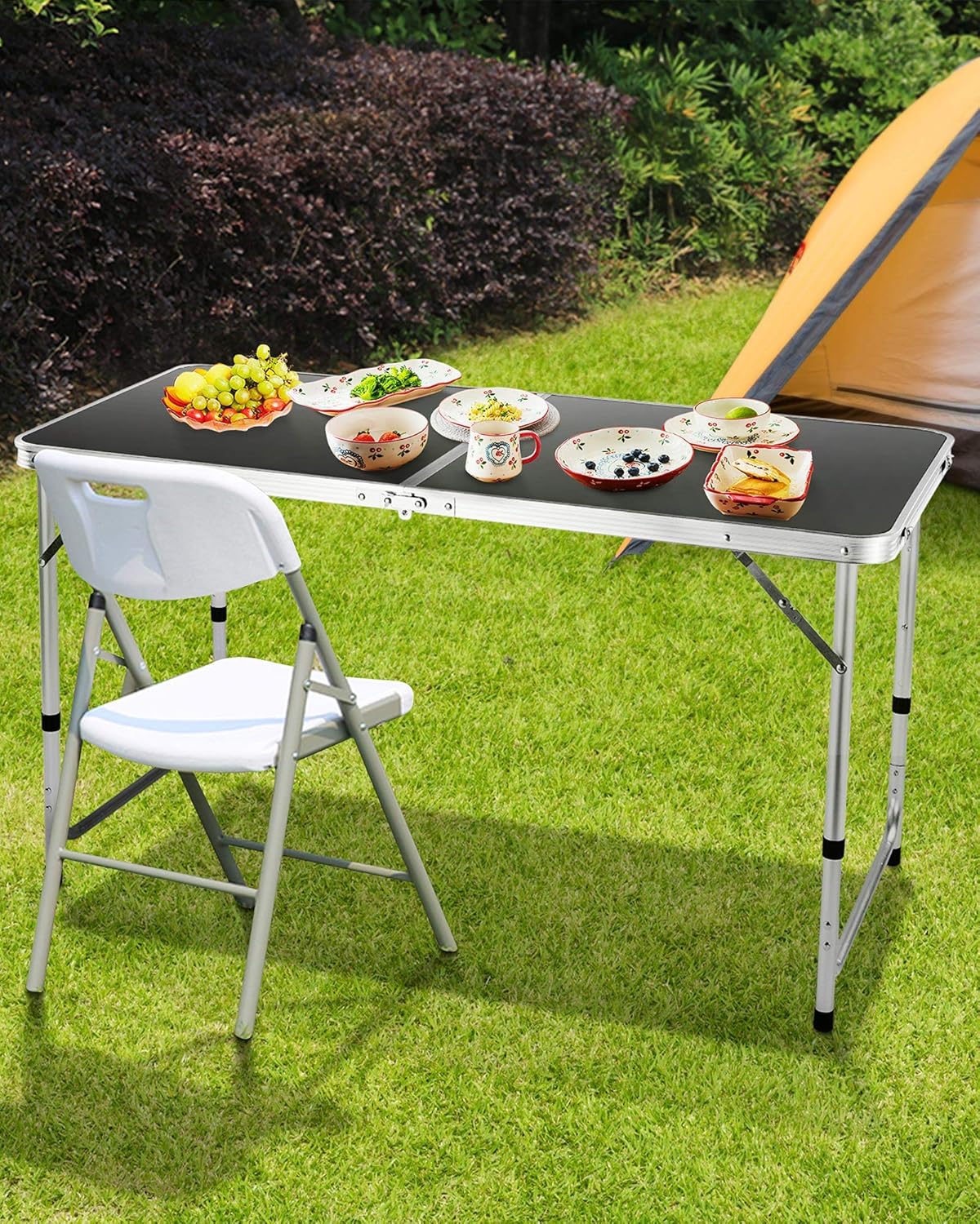 Folding Camping Table, FiveJoy 4 FT Aluminum Height Adjustable Lightweight Desk/w Portable Handle, Roll Up Top Weatherproof and Rust Resistant Table for Outdoor Picnic Beach Backyard, 47" x 24", Black: Kitchen & Dining