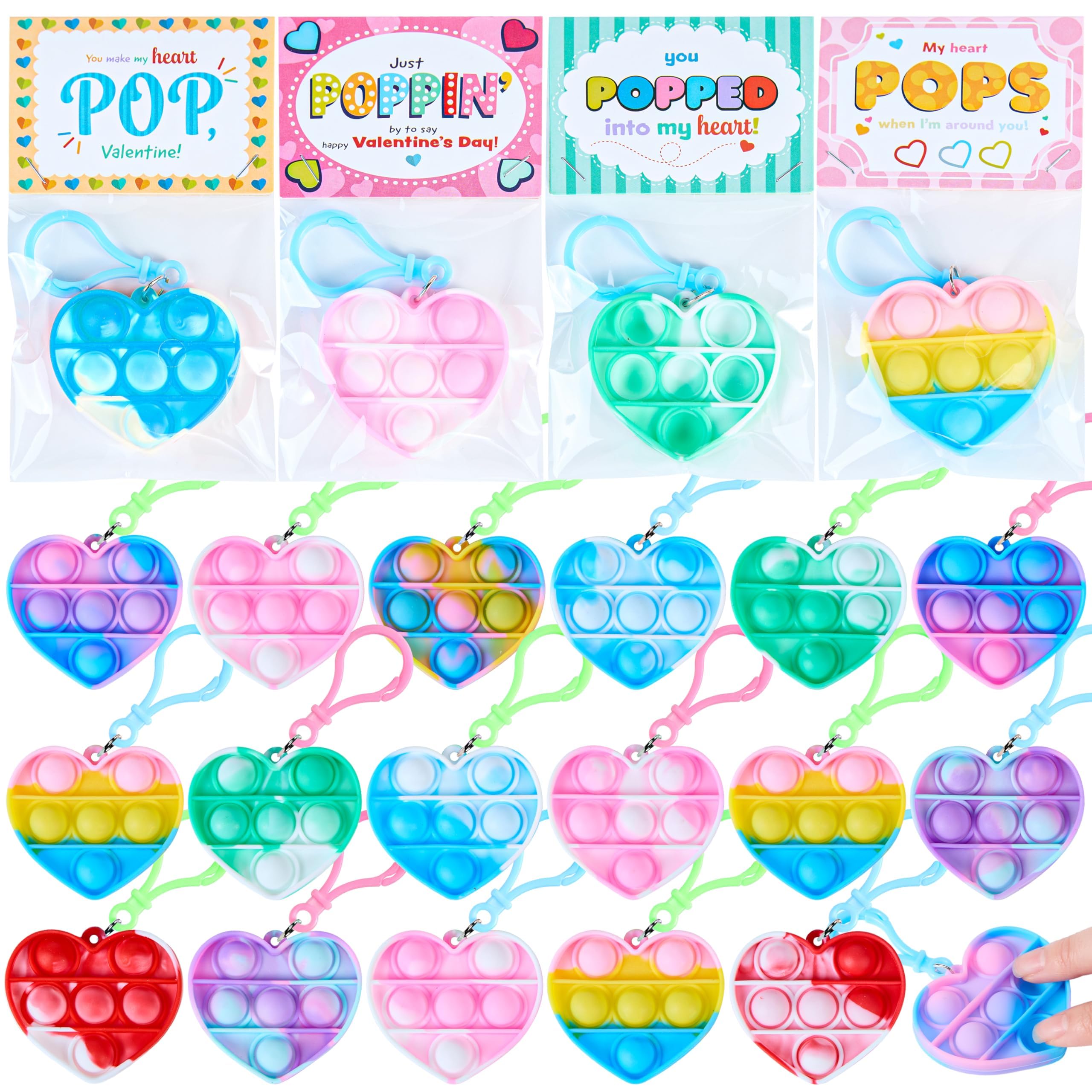Photo 1 of JOYIN 30 Packs Valentine's Day Gift Cards with Pop Fidget Keychain Toys, Stress Anxiety Relief Fidget Toy with Card for Kids Valentine Classroom Exchange Prizes, Valentine's Day Party Favor