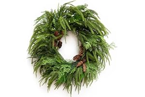 24 Inch Real Touch Norfolk Pine Wreaths for Front Door, Soomeir Artificial Christmas Wreath Green Faux Pine Wreath for Wall Windows Mantle Outdoor Christmas Decoration