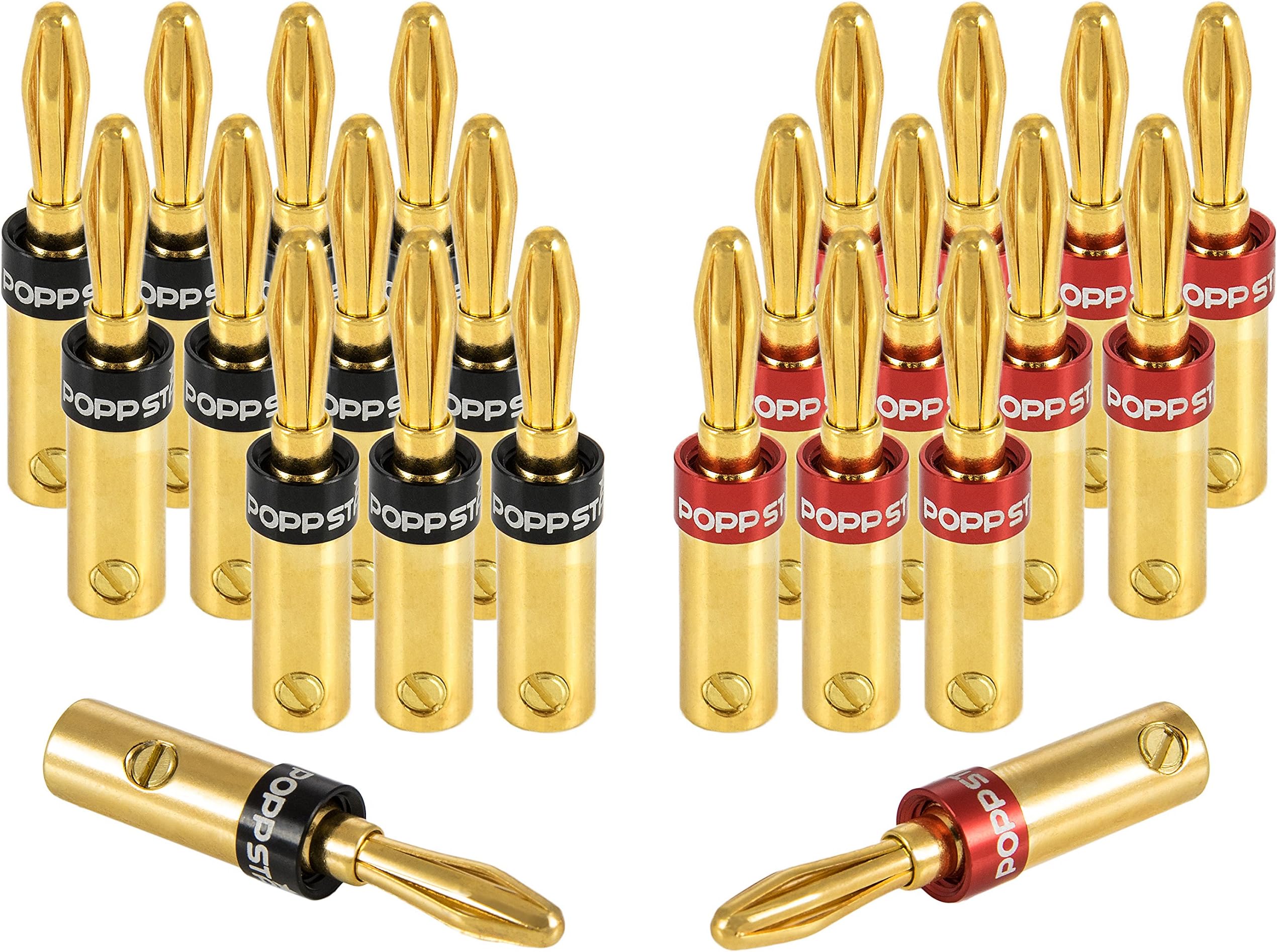 Poppstar - 24x High End Banana Plug, Bananas for speaker cables (up to 4 mm² screwed, soldered 5 mm²), Speakers, AV Receiver, 24k gold plated (12x black, 12x red)