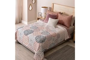 Vianney Twin Comforter, Novo Veneto Twin Bedding, Reversible Lightweight Quilt Blanket in Multi-Floral Mandala Design with Soild Light Mauve on Other Side, 71”x93”