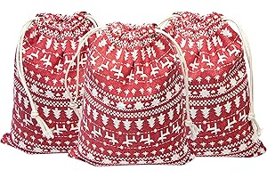 3 Packs Christmas Drawstring Burlap Bag, Santa Sack Linen Gift Wrap Bags for Packing Craft Gift Candy (Red Tree, XL-11'' X 13