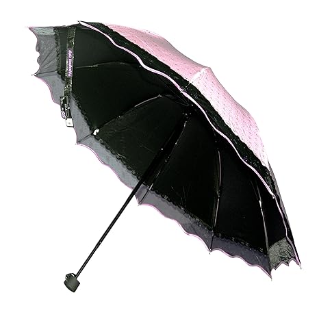 Net Frill Border Flower Print 3 Folding UV Protection Dome Shape Sun Rain Umbrella for Women(Pink) - Pack of 1