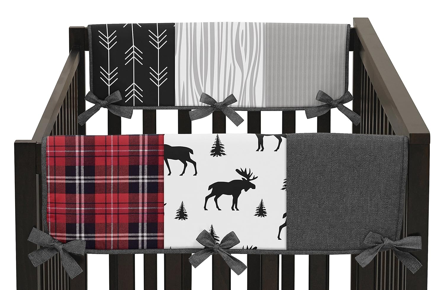 Sweet Jojo Designs Grey, Black and Red Woodland Plaid and Arrow Side Crib Rail Guards Baby Teething Cover Protector Wrap for Rustic Patch Collection - Set of 2 - Flannel Moose Gray