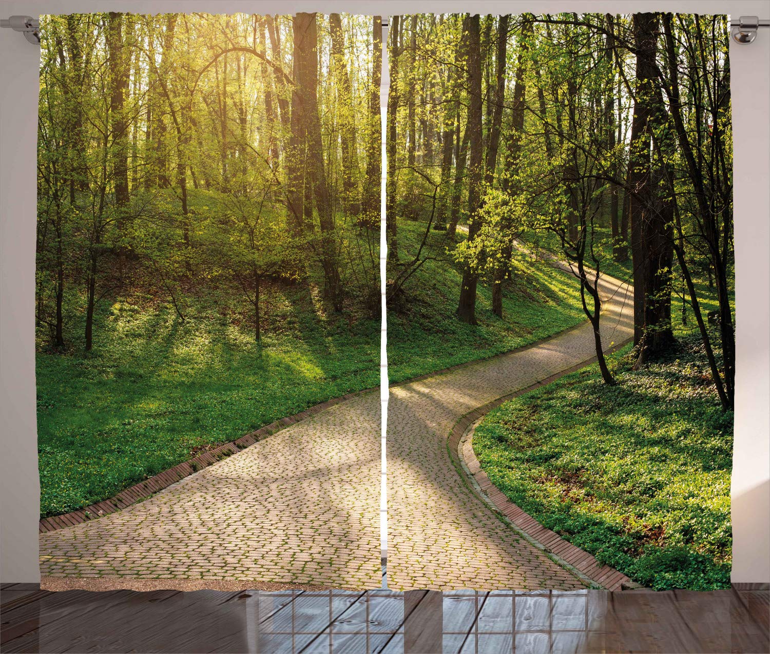 ABAKUHAUS Outdoor Curtains, Footpath Green City Park Sun Rays Freshness Hiking Forest Tranquil Botany, Living Room Bedroom Window Drapes 2 Panel Set, 280 x 245 cm, Green Beige Yellow — image 1