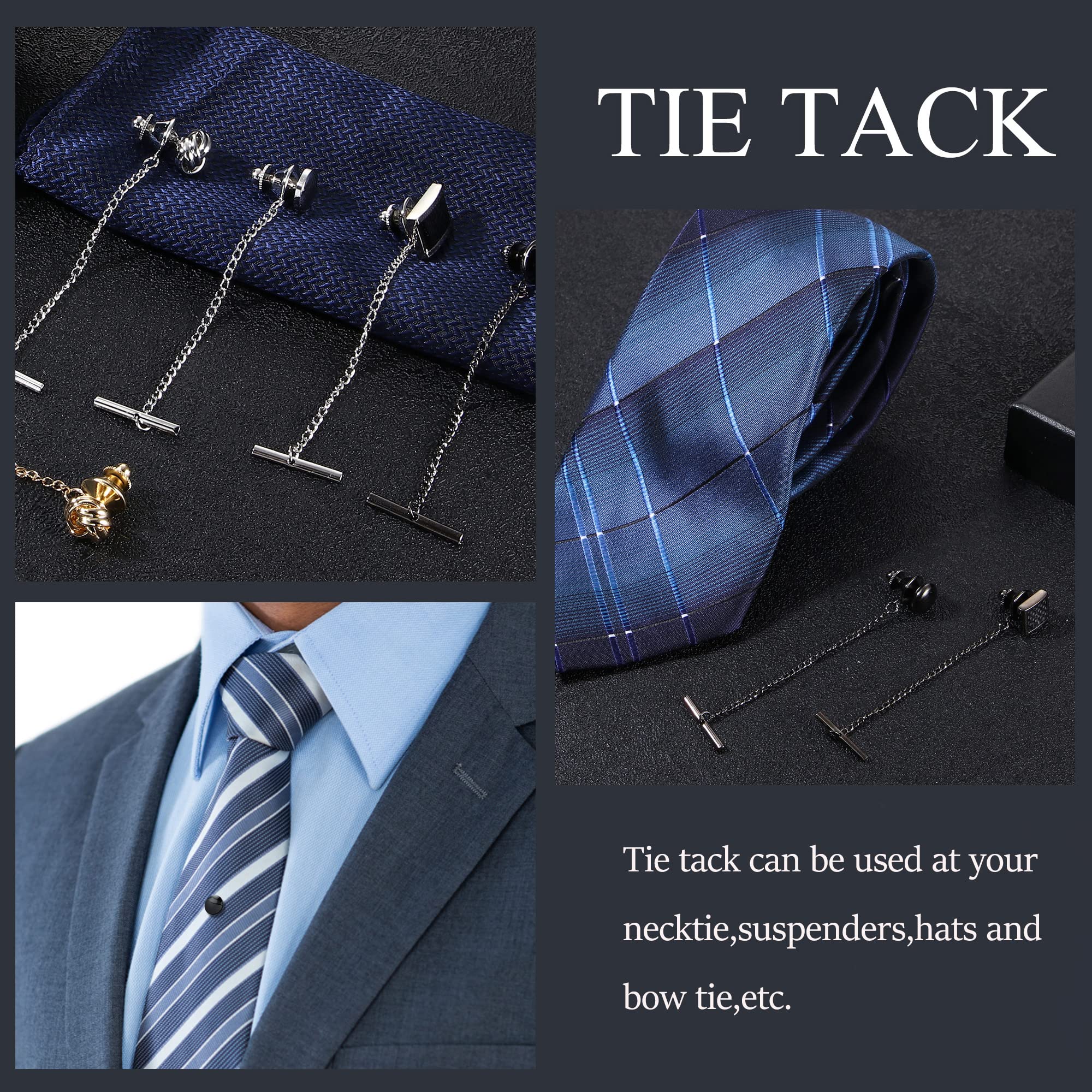 FUNRUN JEWELRY FUNRUN JEWELRY 7Pcs Tie Tacks for Men Tie Pins with Chain Black Gold Silver Tone Tie Tack Clutch for Wedding Birthday Anniversary Business Jewelry