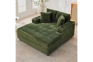 Klysiora Oversized Chaise Lounge Chair Indoor, 60 Inch Upholstered Sofa Bed with Throw Pillows and Armrests, Comfy Corduroy Sleeper Couch for Living Room, Bedroom, Office, Green