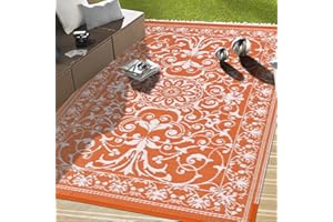 Vaukki Reversible Rugs, Plastic Straw Outdoor Doormat, Fade Resistant Plastic Outdoor Patio Mat, Lightweight Tribal Area Carpet for Patio, RV, Camping, Beach, Deck, Backyard and Picnic(Orange, 4'x6')