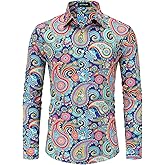 70s Outfits for Men Long Sleeve Casual Button Down 70s Disco Retro Paisley Shirt 70s Floral Vintage Hip Hop Shirts