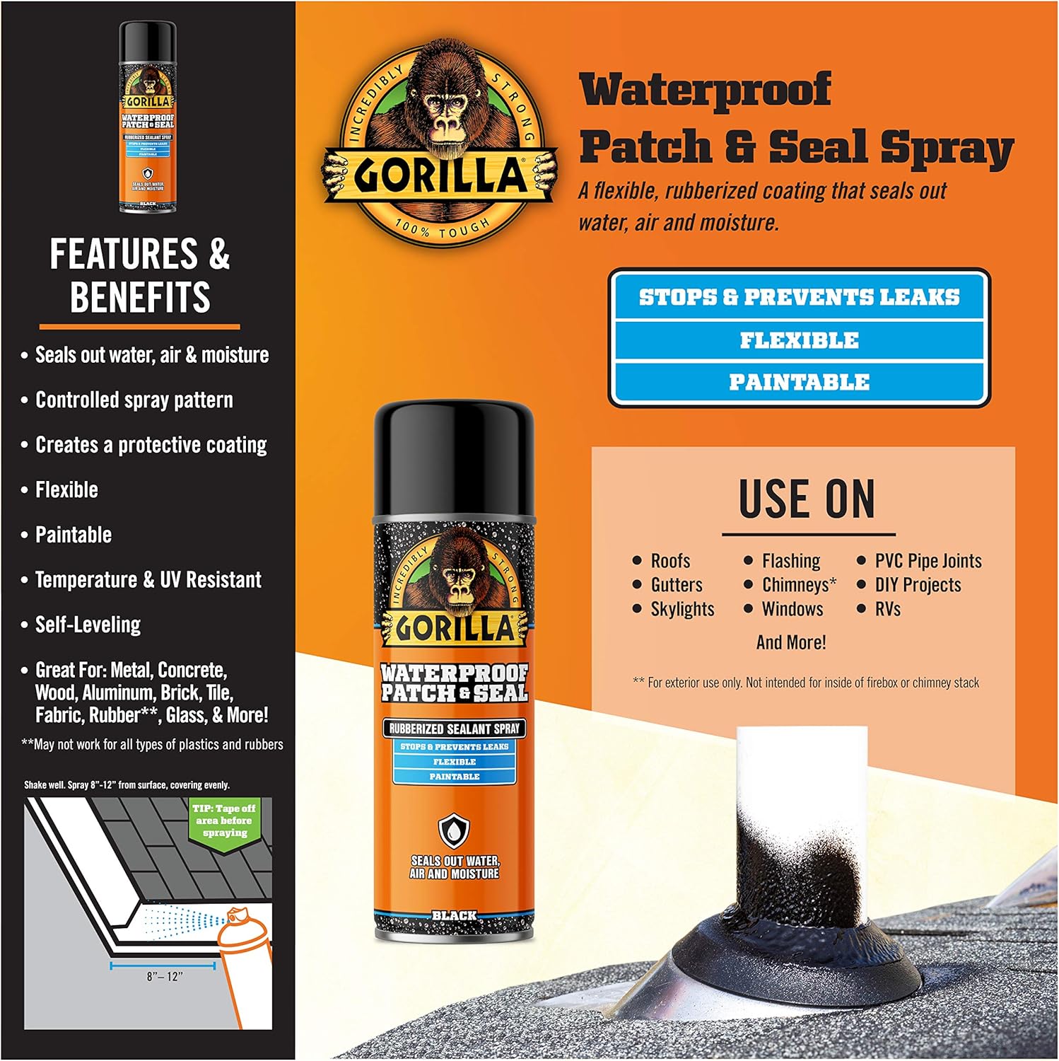 Gorilla Waterproof Patch & Seal Spray, Black, 16 Ounces, 1 Pack: Home Improvement