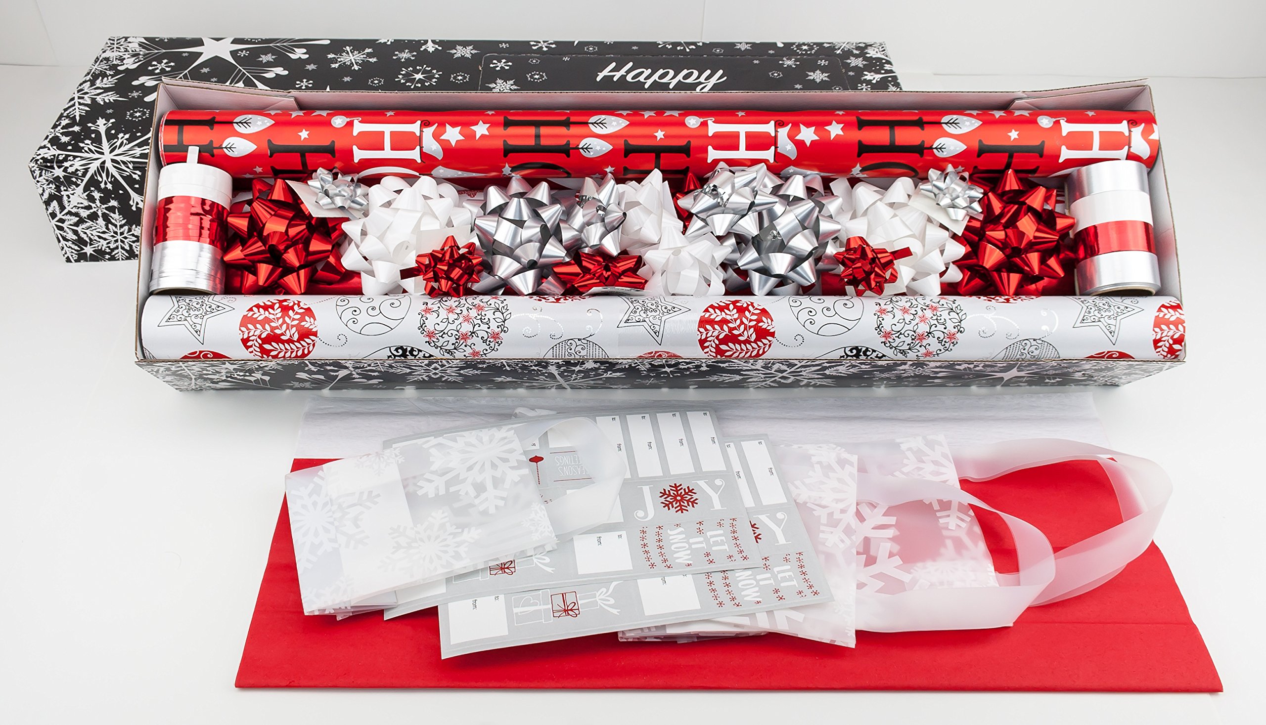 Red + Silver Designer Wrapping Paper Set 6 Rolls with Coordinated Bows