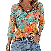 WIHOLL 3/4 Length Sleeve Womens Tops Lace V Neck Tunic Tops Loose Fit Dressy Casual Shirts Blouses