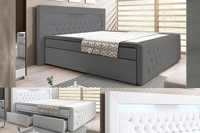 wohnenluxus Boxspringbett York+ / Schubladen/Bettkasten / Hotelbett (90 x 200, grau Kunstleder)