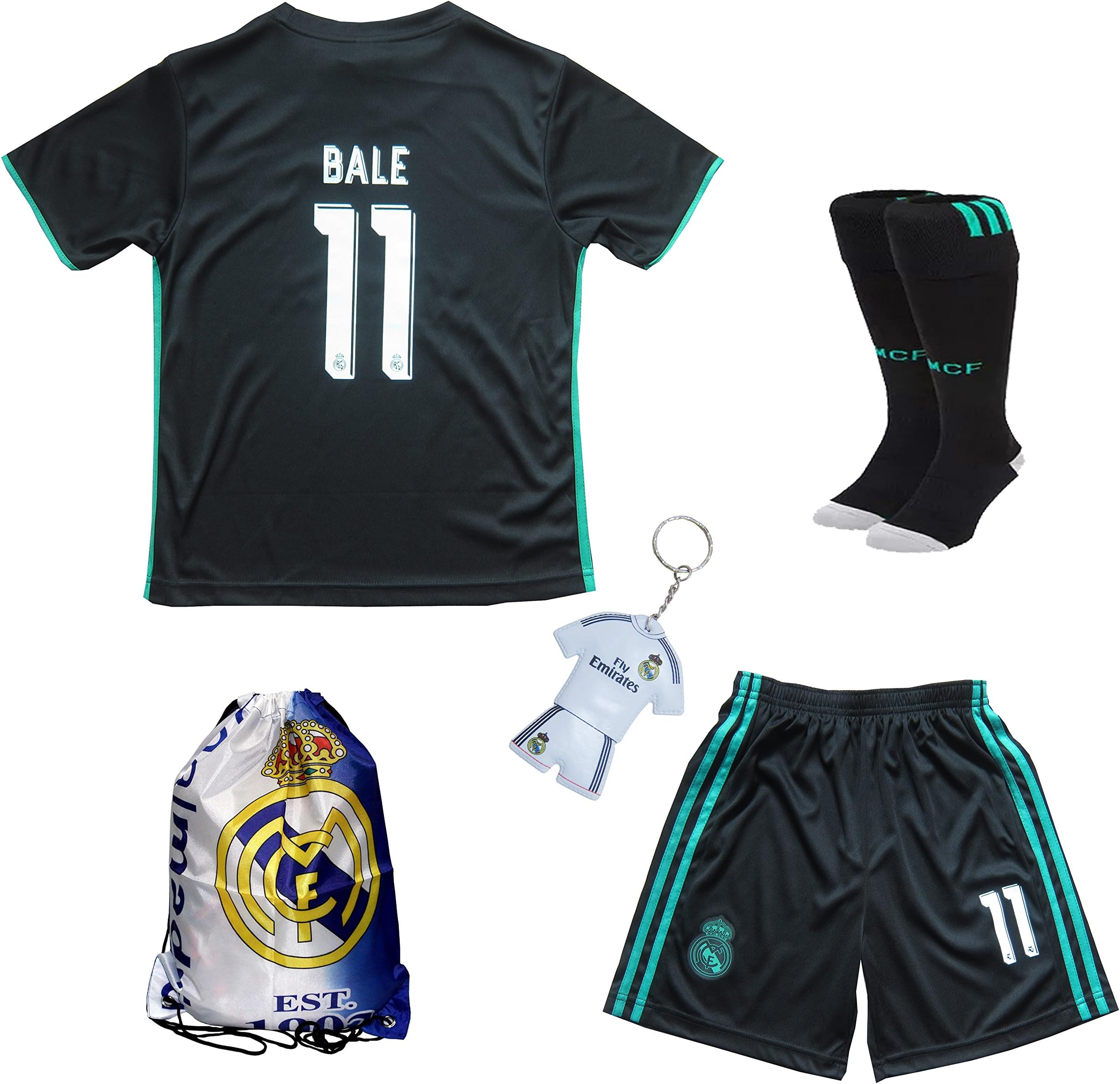 GamesDur 2017/2018 Real Madrid BALE #11 Away Black Football Soccer Kids Jersey & Short & Sock & Soccer Bag Youth Sizes