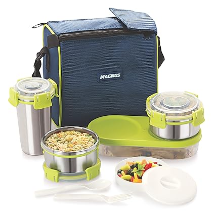 Magnus Lunch Box With Detachable Clip Lock, Leak Proof Containers & Bag, Stainless Steel, 5 Pcs Set