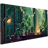 Cute Green Lofi Desk Mat Plants Mouse Pad Anime Forest Aesthetic Nature Desk Pad, XXL Large Gaming Extended Mousepad for PC Laptop Keyboard Mouse Mat Women Office Decor Girl Playmat 31.5x15.75 in