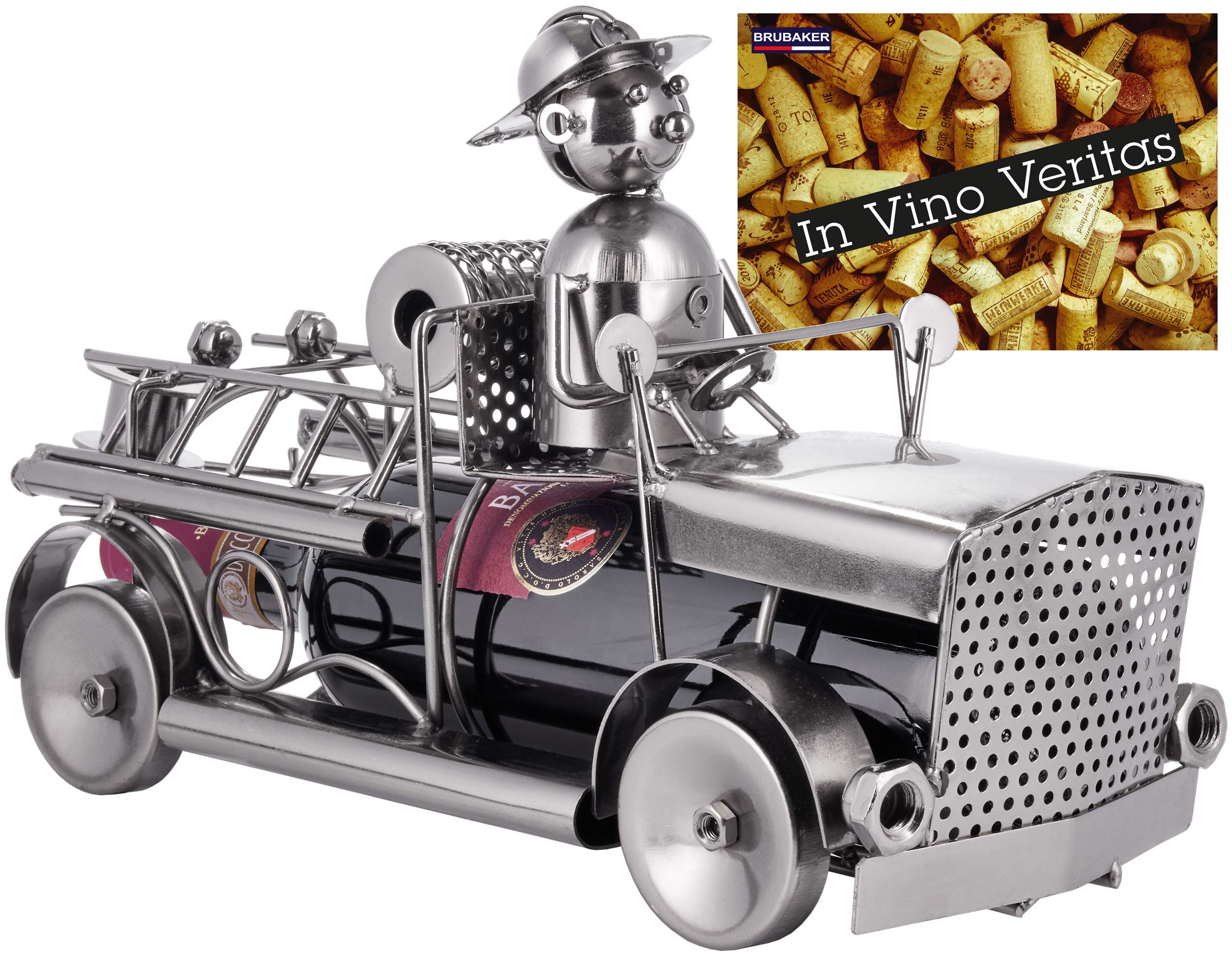 BRUBAKER Wine Bottle Holder Fire Department - Fire Engine Metal Sculpture Bottle Stand - 12.6 In Metal Figure Wine Gift for Firemen and Firewomen - with Greeting Card