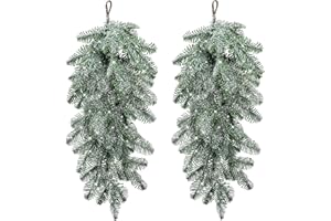 Watayo 2 Pcs Artificial Christmas Snow Teardrop Swag, 23" Faux Snow Flocked Norfolk Pine Teardrop Door Swag, White Frosted Real Touch Pine Wreath Staircase Swags for Xmas Door Mantle Fireplace Decor