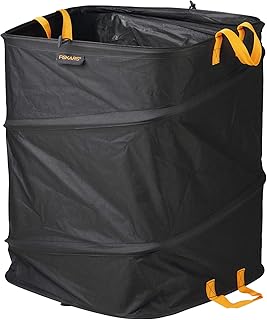 Fiskars Großer PopUp-Gartensack mit Griffen, Platzsparend faltbar, Fassungsvermögen: 219 L, Höhe: 70 cm, Breite: 56 cm, Schwarz/Orange, Ergo, 1028373