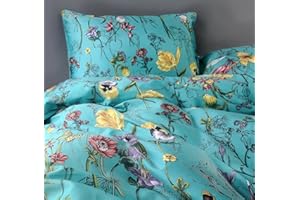 Eikei Vintage Botanical Flower Print Bedding 400tc Cotton Sateen Romantic Floral Scarf Duvet Cover 3pc Set Colorful Antique Drawing of Summer Lilies Daisy Blossoms (Queen, Blue)