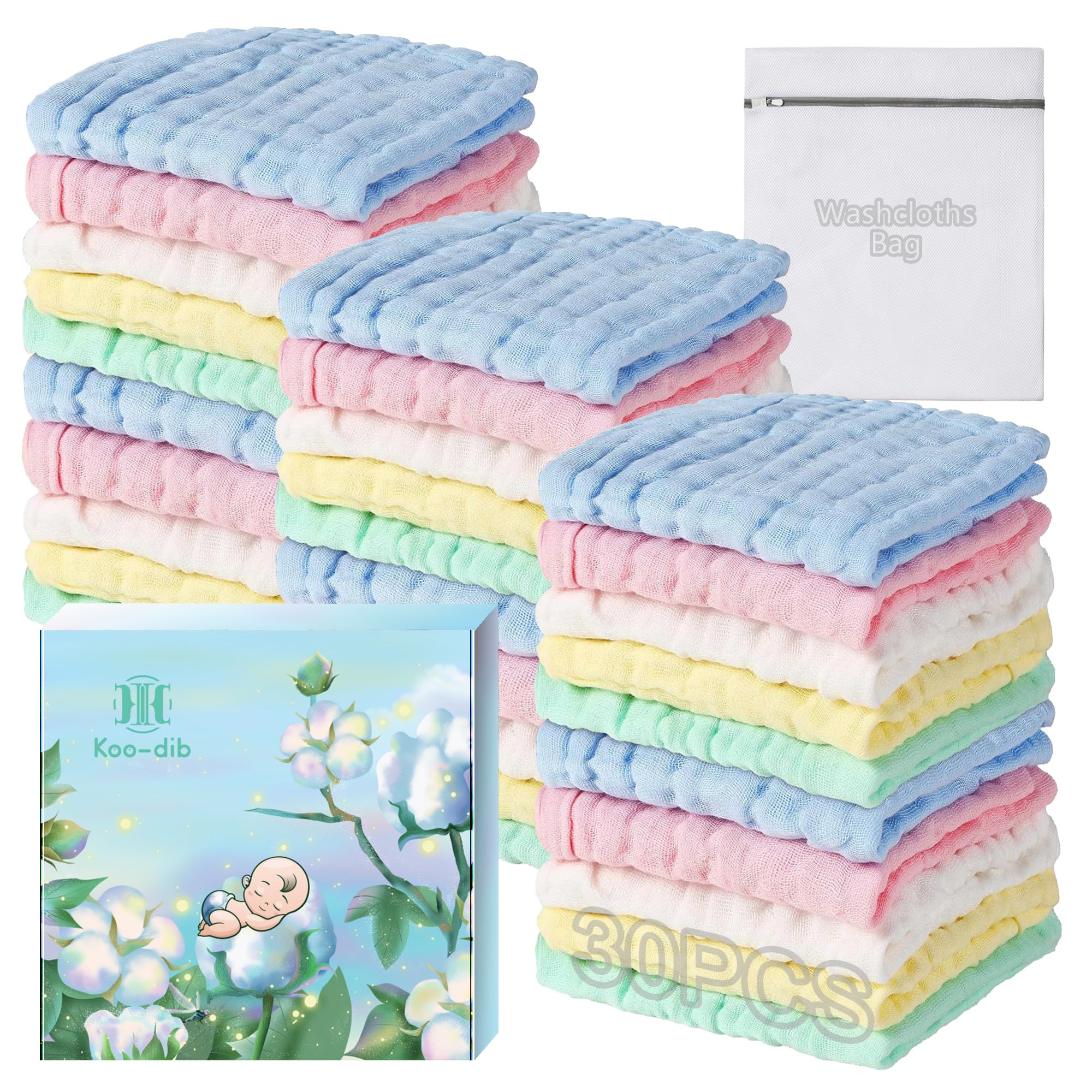 Baby Washcloths Muslin Cloths, Muslin Squares Washcloths, Muslin Cloths for Baby, Soft Burp Cloths Cotton Baby Wash Cloths, Baby Towels for Newborn Boys Girls, 25x25cm 30 Pack + Free Wash Mesh Bag