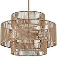ELYCCUPA 24” Boho Hand Woven Rattan Chandelier 3 Round Adjustable 4-Light Large Pendant Light for Kitchen Island Dining Room Living Room Hallway, Brass, UL Listed
