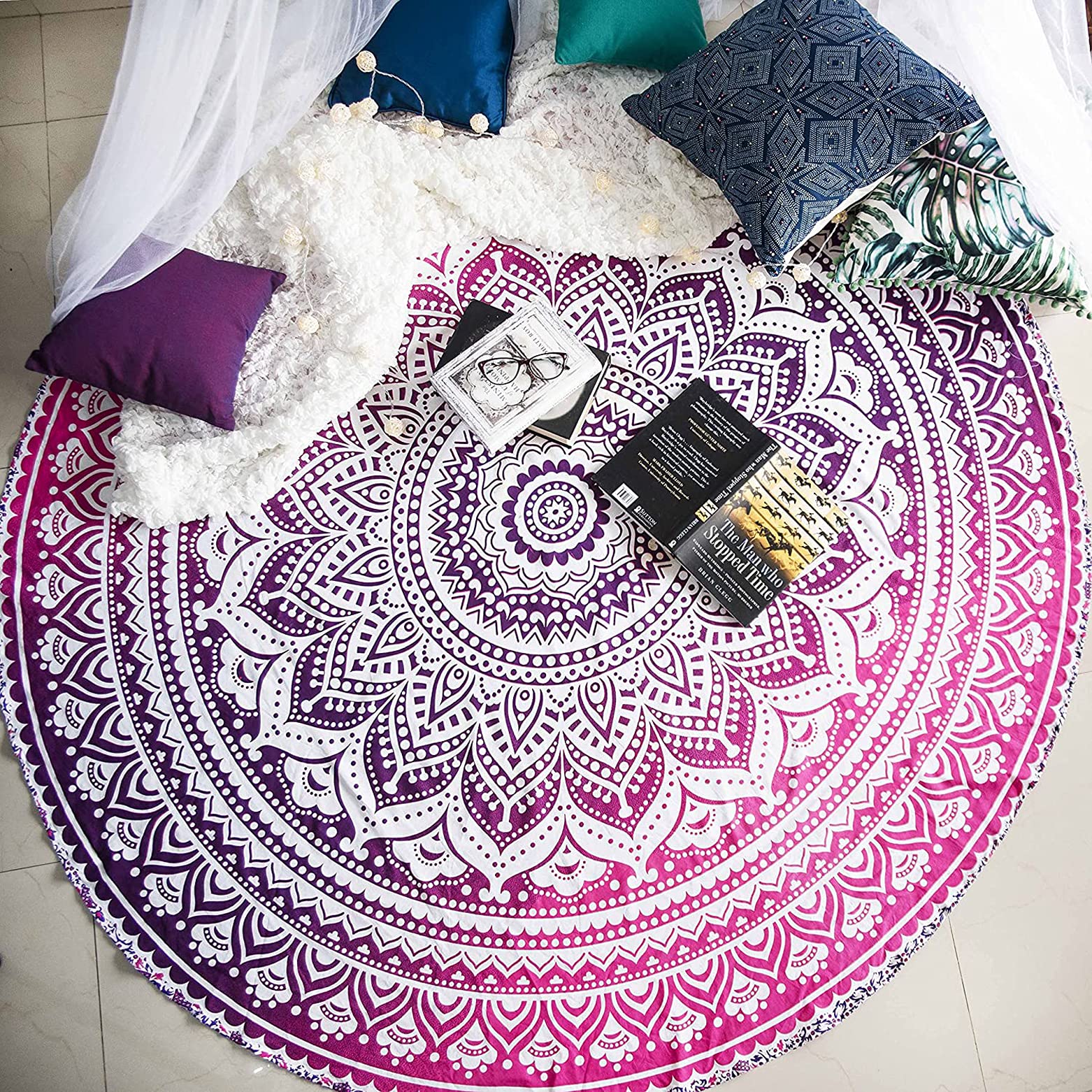 raajsee Round Beach Tapestry Hippie/Boho Mandala Beach Blanket Indian Cotton Bohemian Round Table Cloth Mandala Decor/Yoga Mat Meditation Picnic Rugs 70 inch Circle(Pink Ombre)