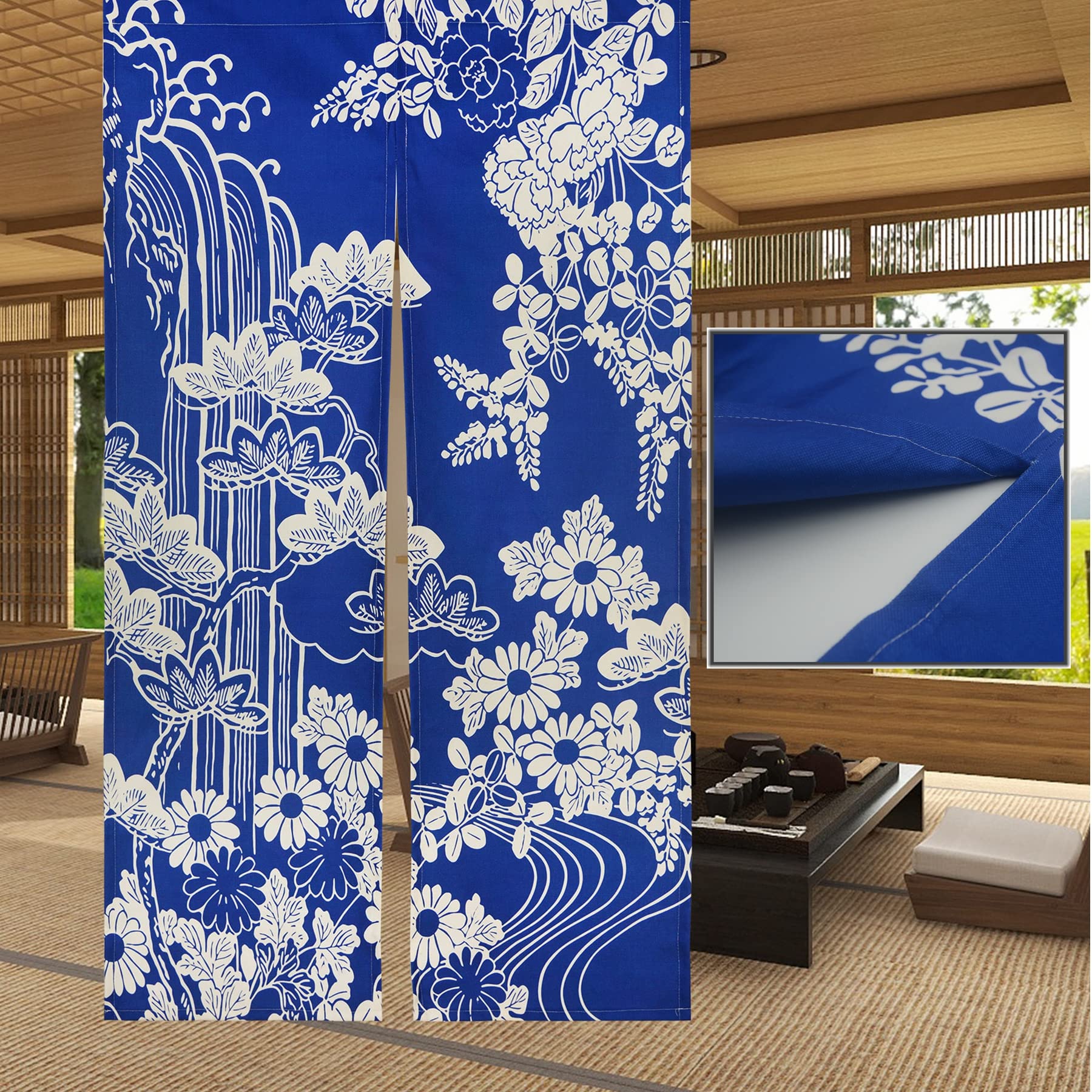 LIGICKY Japanese Style Noren Doorway Curtains Thick Long Type Printed Door Hanging Tapestries for Home Decoration 33.5 x 59 inch, Blue (Chrysanthemum)(Double Sided Printing)
