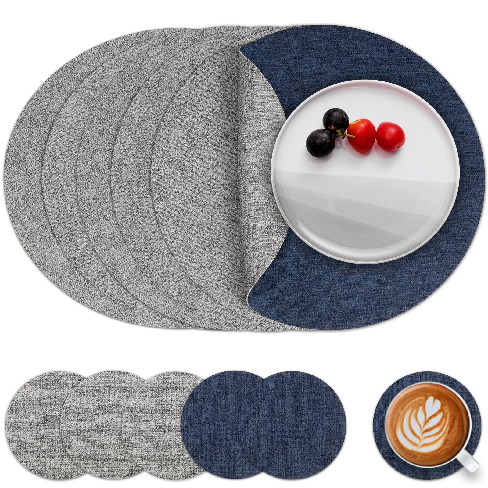 Myir JUN Leather Placemats and Coaster Set of 6, Table Mats Round Waterproof Dual Sided Kitchen Place Mats Coffee Mats Heat Resistant Placemat Non-Slip Washable (set of 6, Gray Blue)