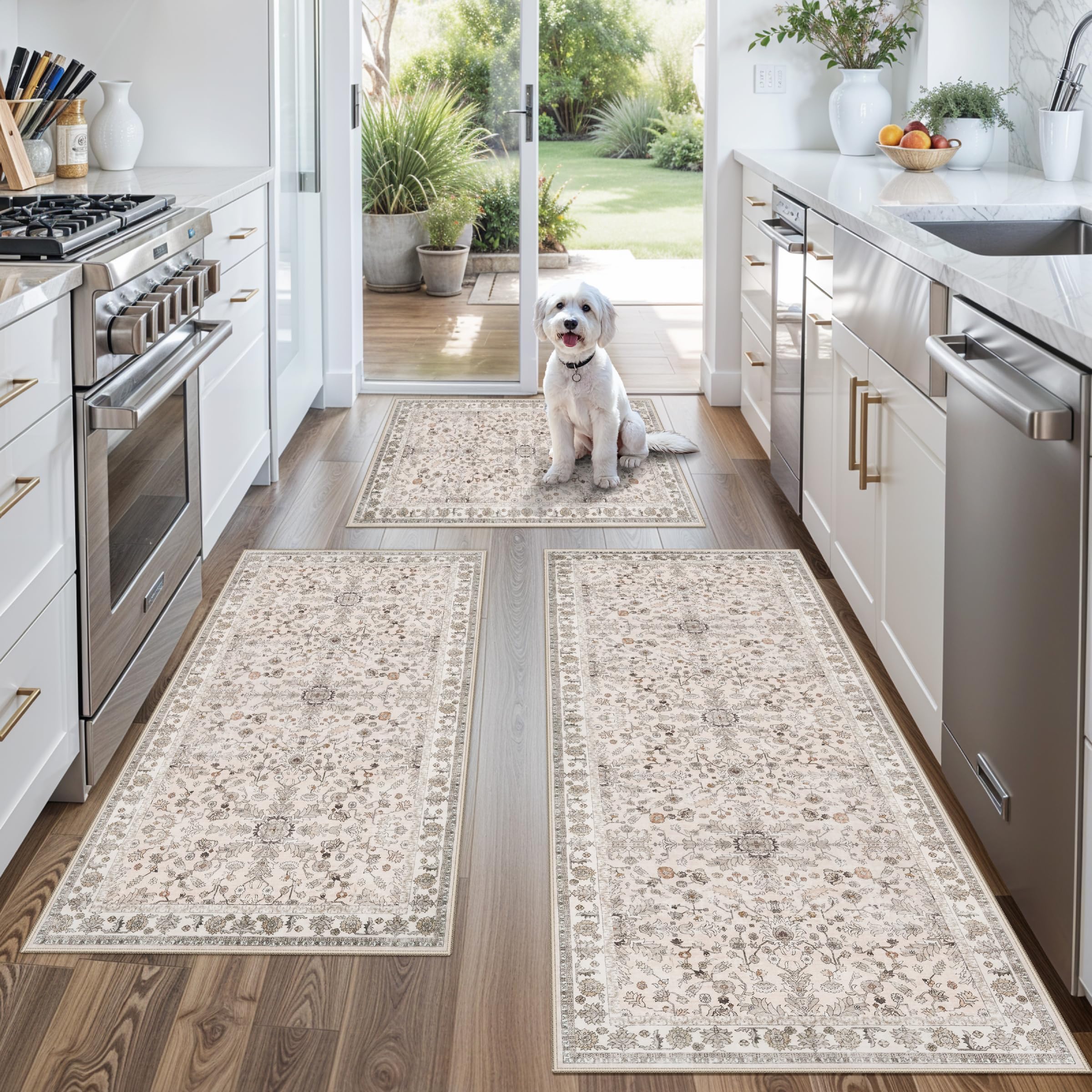 Photo 1 of 3-Piece Kitchen Rug Set of 3 with Runner – Non-Slip Washable Boho Kitchen Mats for Sink, Floor, Entryway & Hallway & Bathroom – Soft Small Throw Area Rugs, Home Decor (Beige,2x3+2x4+2x5)