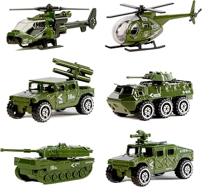 Nunki Toy Die-cast Military Vehicles 6 Pack Metal Army Tank Jeep Helicopter Kids