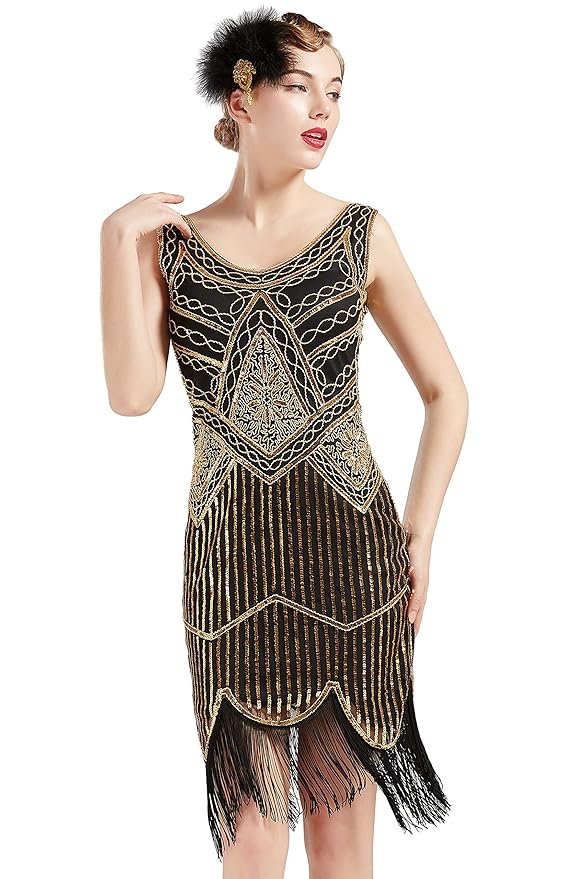 ArtiDeco Damen Pailletten 1920s Kleid Flapper Charleston Kleid V Ausschnitt Great Gatsby Motto Party Damen Fasching Kostüm Kl