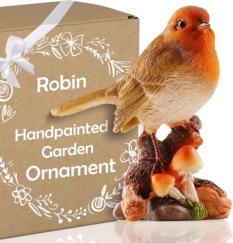Muldale Robin Garden Ornament Mushrooms 13cm Resin Statue Outdoor