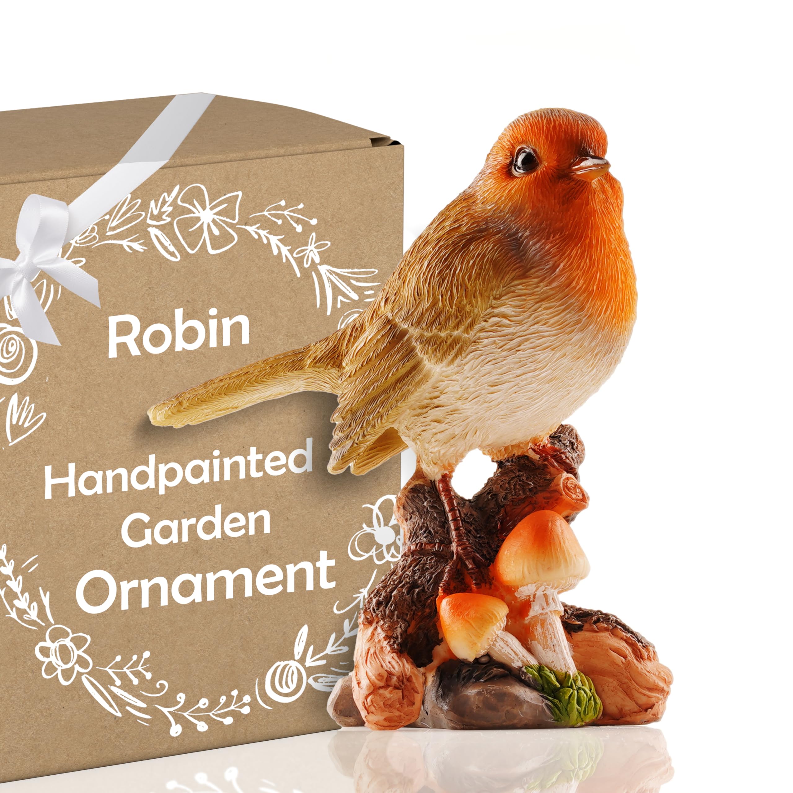 Muldale Robin Garden Ornament with Mushrooms - Lifelike Red Bird Figurine - 13cm Resin Statue - Great for Outdoor - Cute Robin Gifts