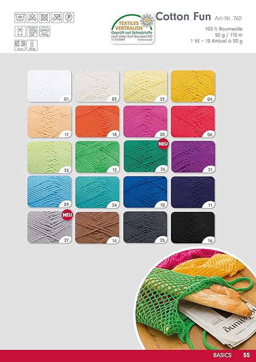 Gründl Cotton Fun XXL Paket, 20 x 50 Gramm Schulgarn incl. 1 Gratis Mützenlabel