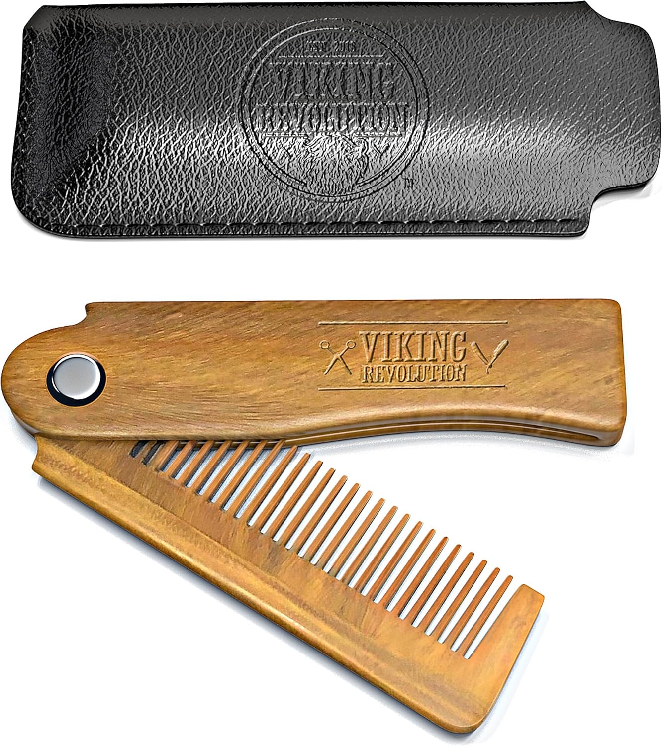 Folding Beard Comb w/Carrying Pouch for Men All Natural Wooden Beard