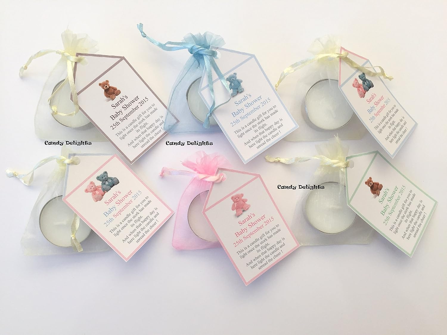30 Baby Shower DIY Organza bag, Candle & Personalised Tag Favours FREE