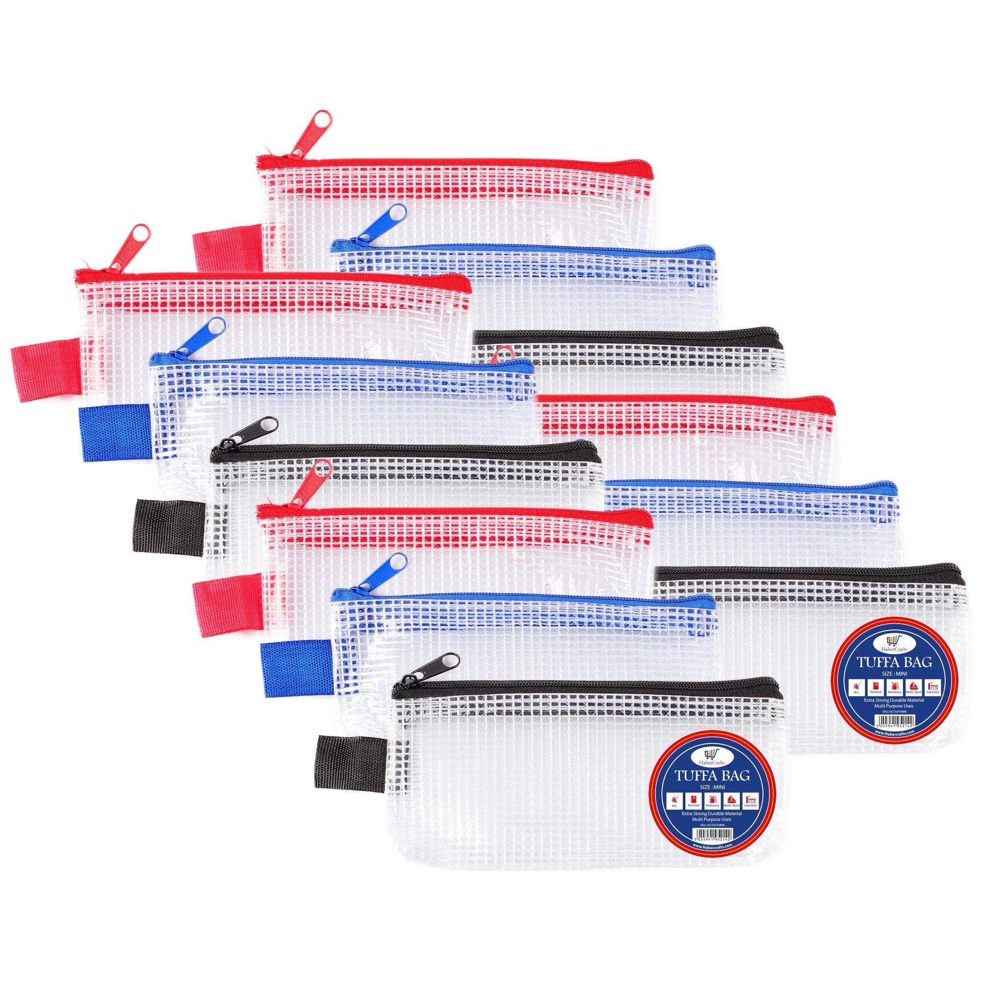 Mini Tuff Bag Zip Wallet Clear Plastic Wallets Zipped Pouch File Pencil Case Folder Water Resistant Reinforced Heavy Duty Mesh Bags (Mini - 12 Pack)