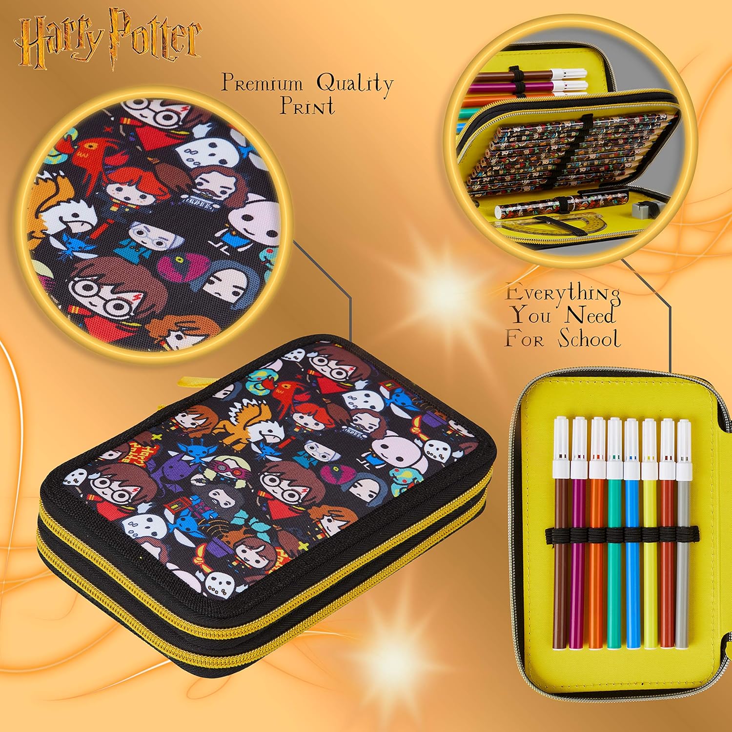 Harry Potter Pencil Case for Girls Boys Stationery Set School Supplies, Wand Secret Light Pen (Black AOP) - Image 4