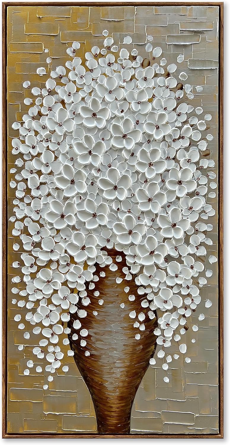Paintings - Epicler art Hand-Painted 3D White Flower Art Oil Painting, 40x20 Inch Flower Tree Oil Painting, Modern Canvas Mural