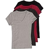 4 Pack Zenana Women's Basic V-Neck Tee Large Black, Charcoal, Burgundy, H Gray