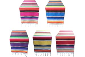 TOAROA 5 Packs Mexican Serape Table Runners for Mexican Theme Party, Cinco de Mayo Fiesta Party, Day of Death Decorations, Falsa Striped Fringe Pattern Cotton Blanket Pink Purple Blue Red Yellow,14x84 inch