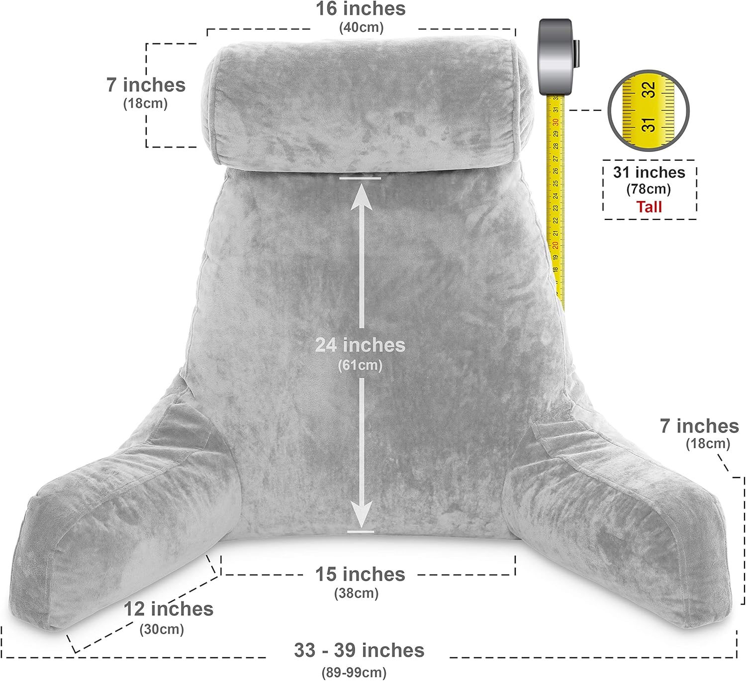 Husband Pillow - Light Grey, Big Backrest Reading Bed Rest Pillow with Arms, Plush Memory Foam Fill, Remove Neck Roll Off Bungee, Change Covers, Zipper On Shell of Bed Chair for Adjustable Loft: Home & Kitchen