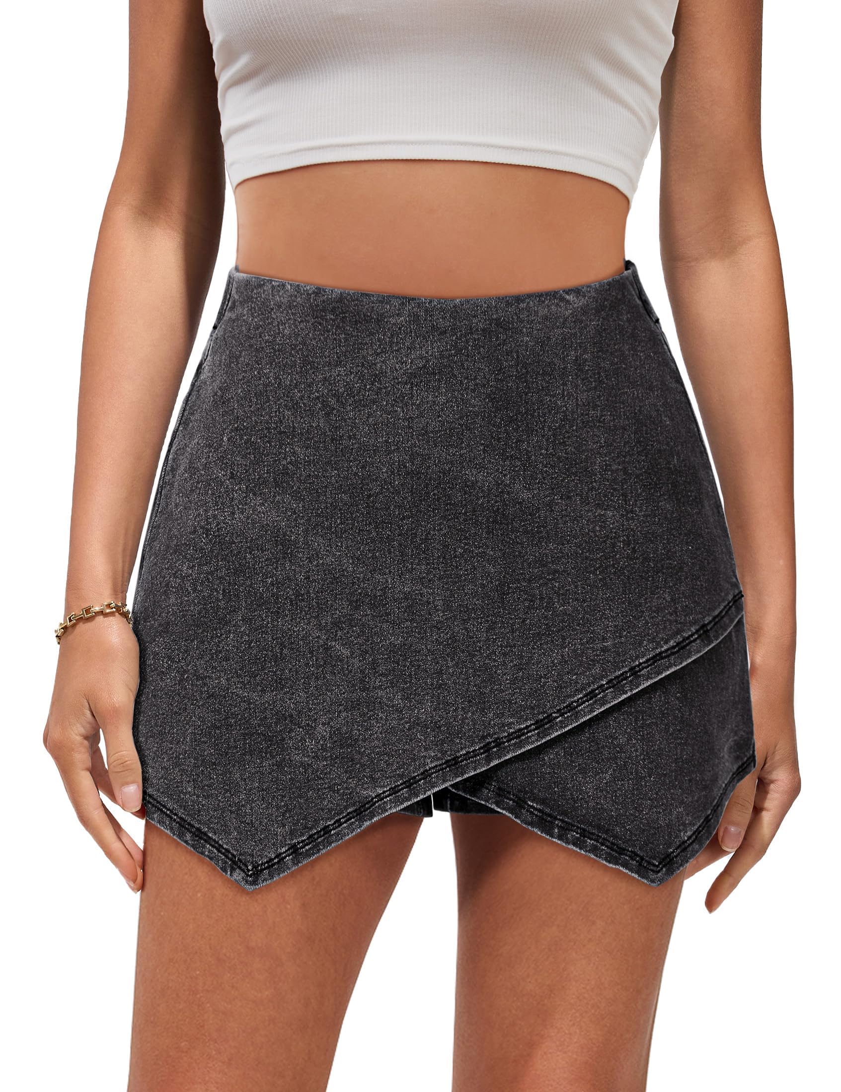 Photo 1 of luvamia Jean Skorts Women Skorts Skirt with Pockets Asymmetrical Skirt for Women Denim Mini Skort Black Skort Mini Vintage Black Large Fits Size 12 / Size 14