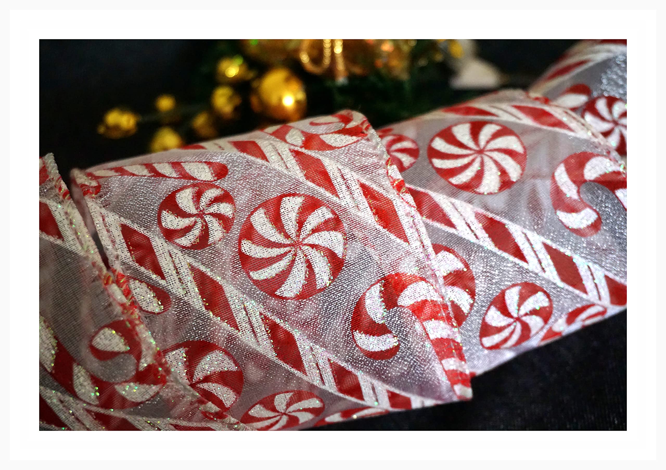 Professional Quality Wired Wire Edge Christmas Ribbon 2.5" Wreath Tree Tinsel Bow UK Stockist Over 30 Designs (White Organza with Red Glitter Candy Canes, 5m) — image 1